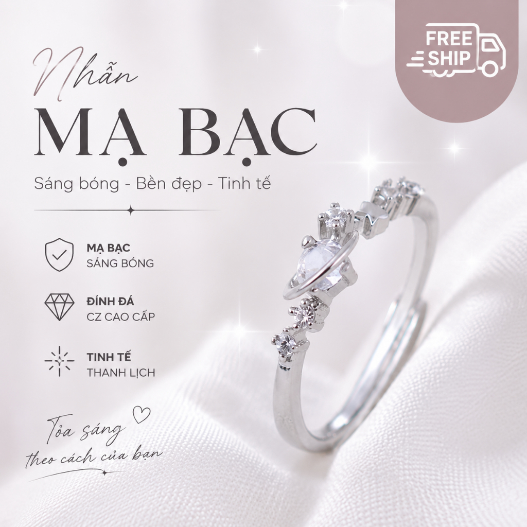 Nhẫn Nữ Mạ Bạc Celestial Heart Đính Đá Zircon Cao Cấp - Trái Tim Ngôi Sao Điều Chỉnh Size