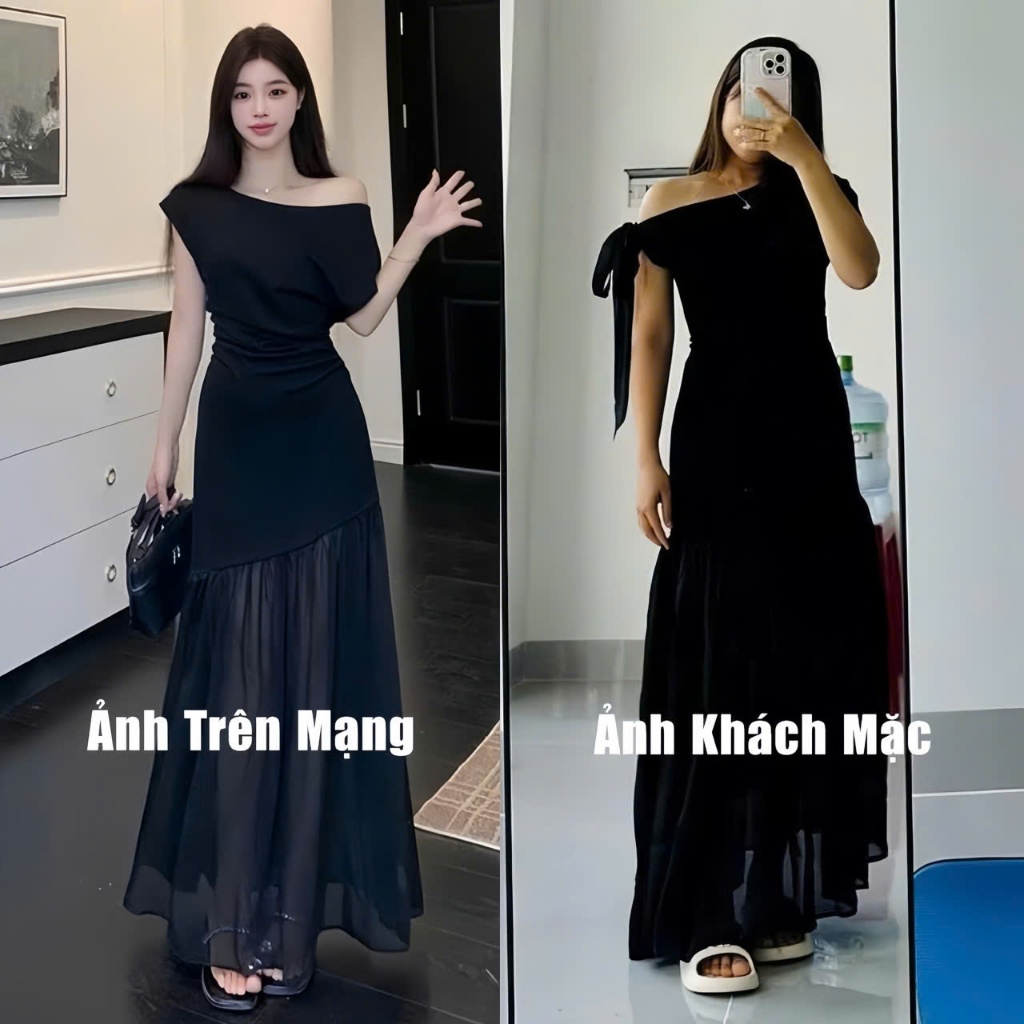 Đầm Body Lệch Vai Đi Hẹn Hò Phối Chân Váy Tơ , Váy Sự Kiện Dáng Dài Sang Chảnh Logastore_L0198