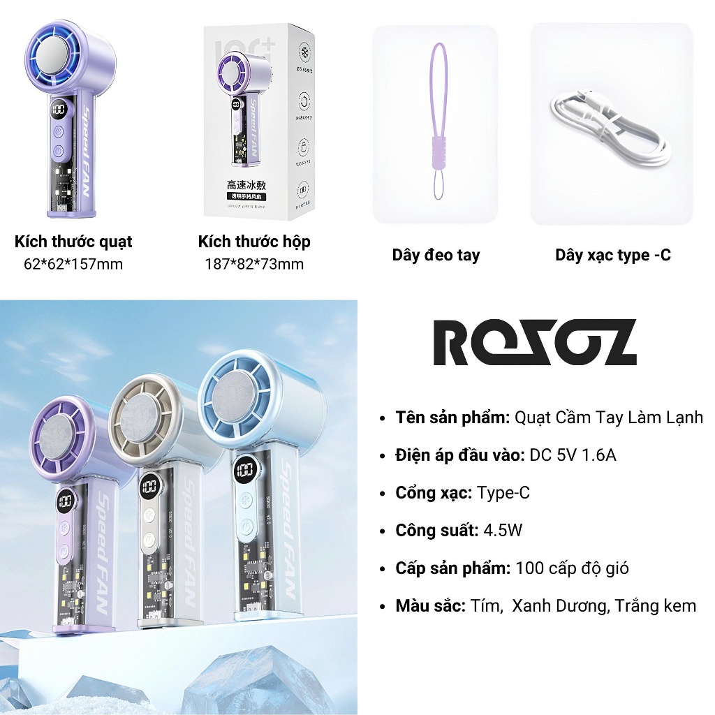 Quạt Cầm Tay Làm Lạnh Siêu Nhanh 100 Cấp Gió, Có Đèn LED, Pin Trâu 4-6H, Màn Hình LED Cao Cấp