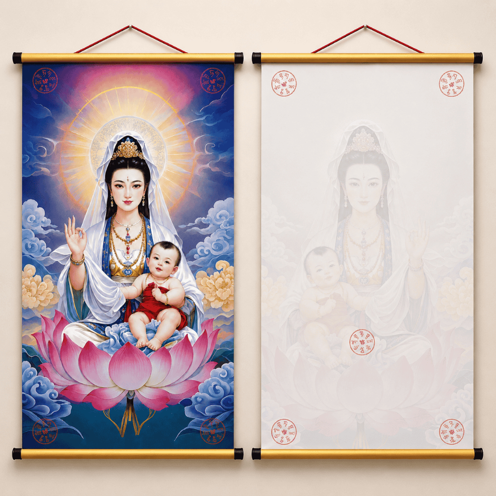 Tranh quan âm tống tử - Cầu Con - Gia đạo yên.