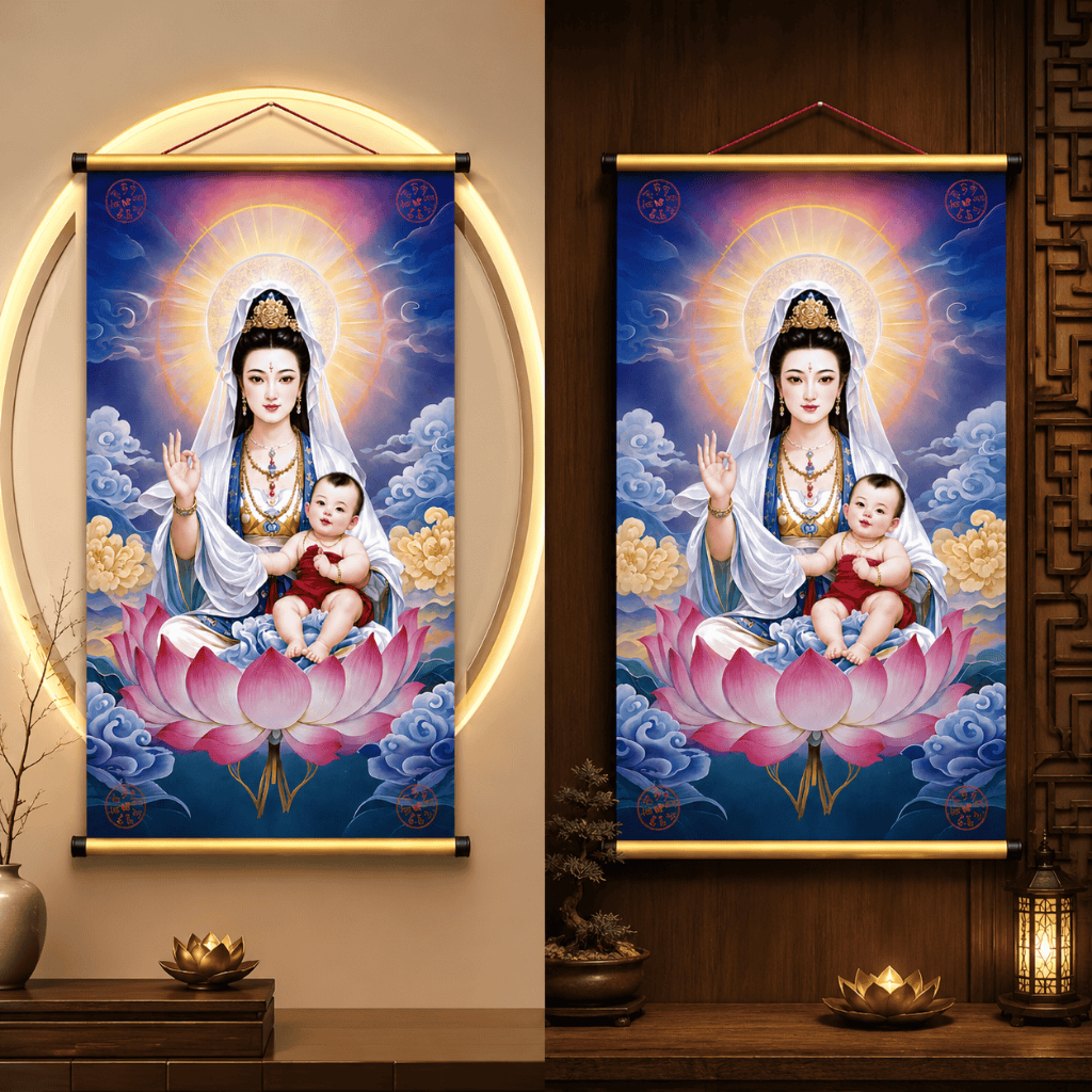 Tranh quan âm tống tử - Cầu Con - Gia đạo yên.