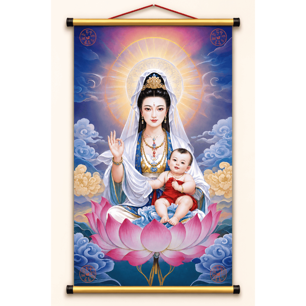 Tranh quan âm tống tử - Cầu Con - Gia đạo yên.