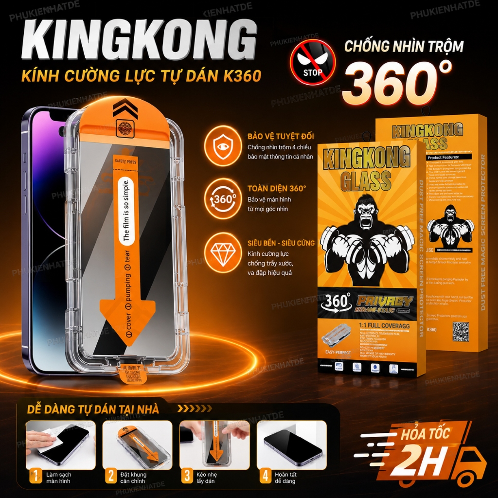 Kính Cường Lực KING KONG Chống Nhìn Trộm 4 Chiều 360 Độ Có Khung Dán 11/12/13/14/15/16/17/Plus/Pro/Pro Max/X/Xs/XR/XsMax