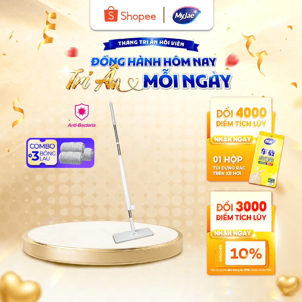 Combo 3 Bông Lau + 1 Cây Lau Nhà MyJae Đài Loan Sợi Microfiber Tự Vắt Kháng Khuẩn Ag+ 120cm