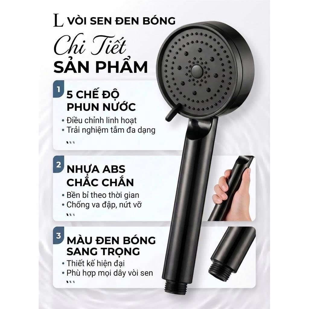 Bộ Vòi Sen Tăng Áp LUX 5 Chế Độ Nước Màu Đen - Nhựa ABS Tiết Kiệm Nước Tăng Áp Lực Nước Mạnh 300%