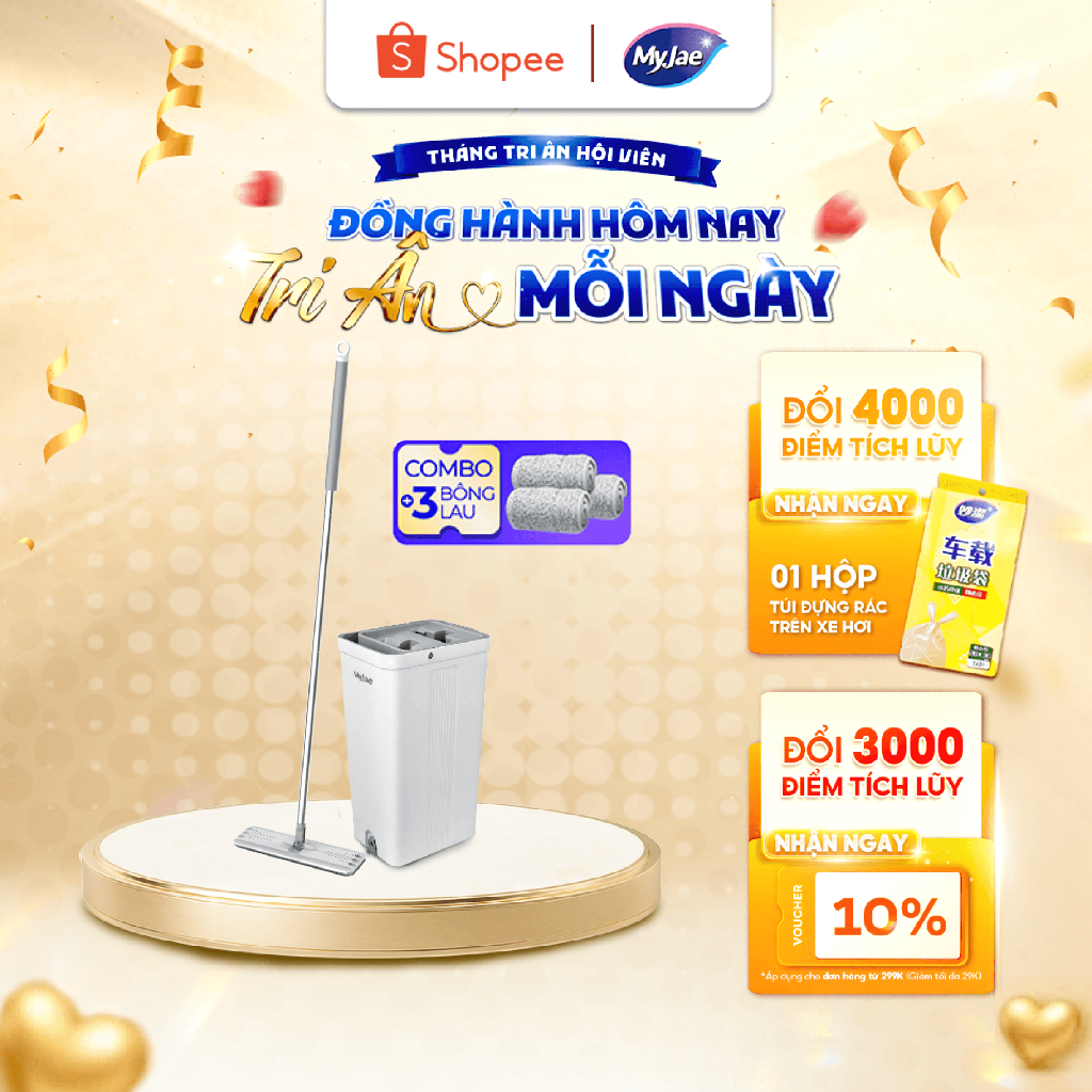 Combo 3 bông lau + 1 cây lau nhà tự vắt kèm thùng 2 ngăn xoay 360 độ thông minh lau sạch nhanh khô MyJae Đài Loan