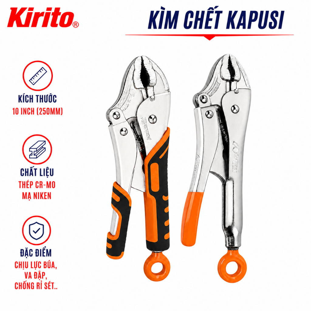 Kìm Chết Kapusi Japan 10 Inch (250mm) Thép Cr-Mo Mạ Niken - Kềm Kẹp Chịu Lực Có Móc Treo
