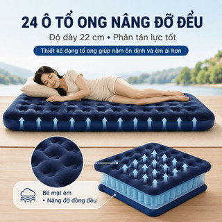 Giường Bơm Hơi Tổ Ong Có Gối, Nệm Hơi PVC Phủ Nhung 24 Lỗ Êm Ái, Dễ Bơm Gọn Dùng Trong Nhà