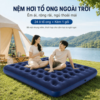 Giường Bơm Hơi Tổ Ong Có Gối, Nệm Hơi PVC Phủ Nhung 24 Lỗ Êm Ái, Dễ Bơm Gọn Dùng Trong Nhà