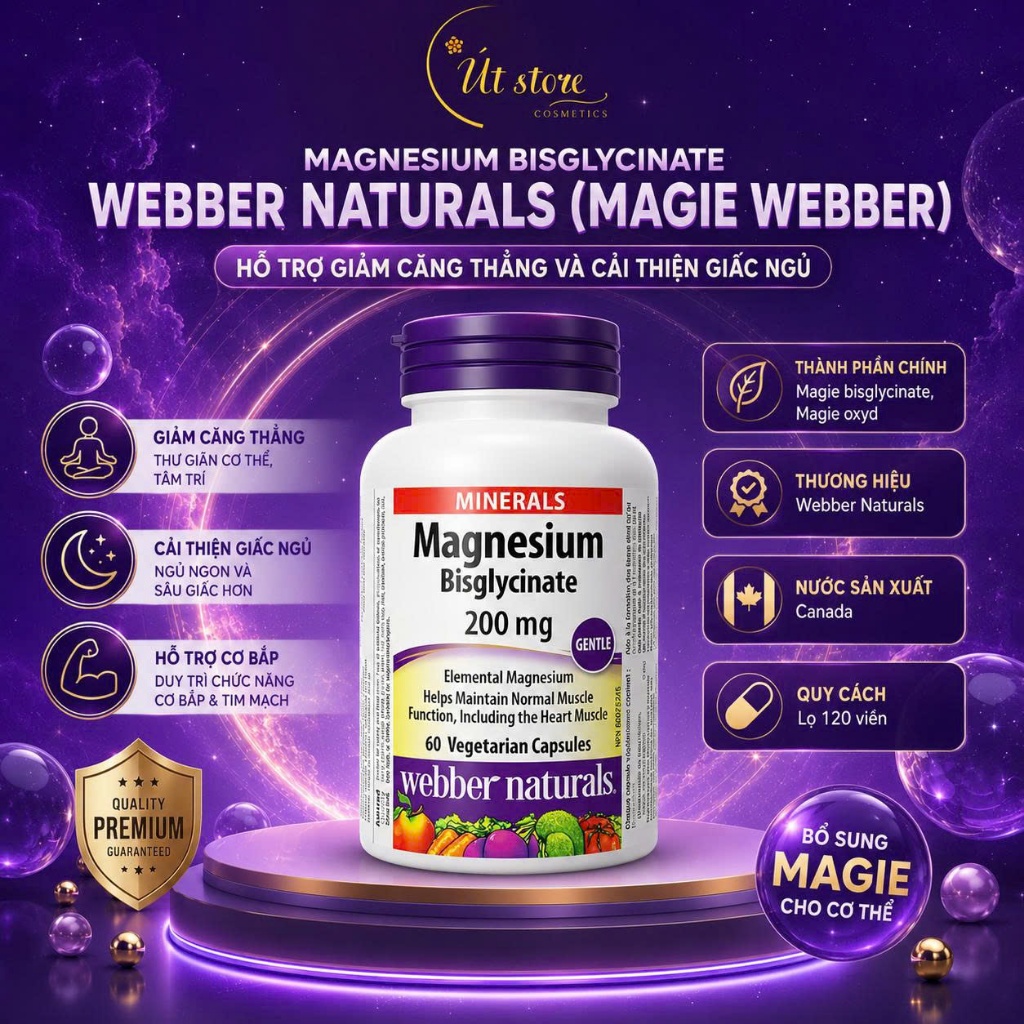 Viên Uống Bổ Sung Maggie Magnesium Bisglycinate Webber Naturals - 120 Viên, Giảm Nhức Mỏi Cơ, Cải Thiện Giấc Ngủ