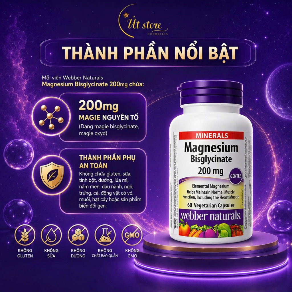 Viên Uống Bổ Sung Maggie Magnesium Bisglycinate Webber Naturals - 120 Viên, Giảm Nhức Mỏi Cơ, Cải Thiện Giấc Ngủ