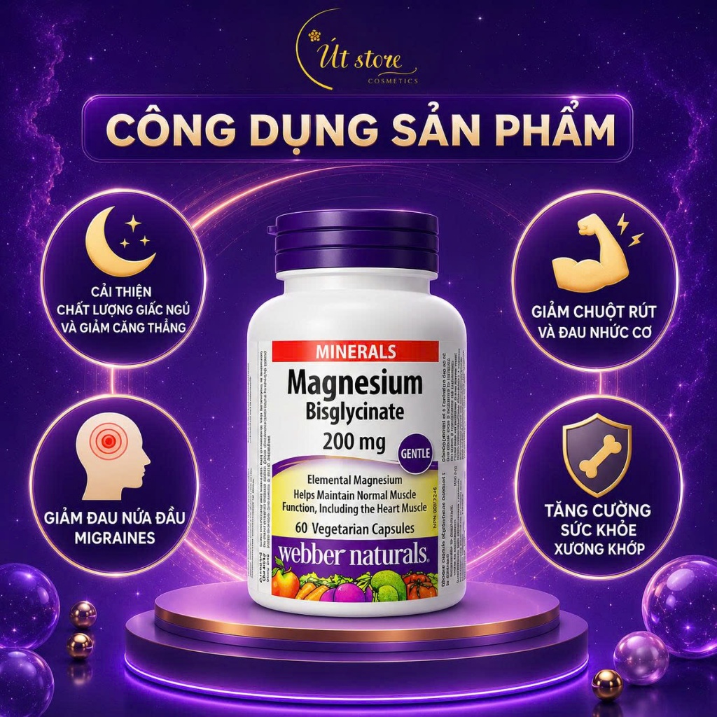 Viên Uống Bổ Sung Maggie Magnesium Bisglycinate Webber Naturals - 120 Viên, Giảm Nhức Mỏi Cơ, Cải Thiện Giấc Ngủ