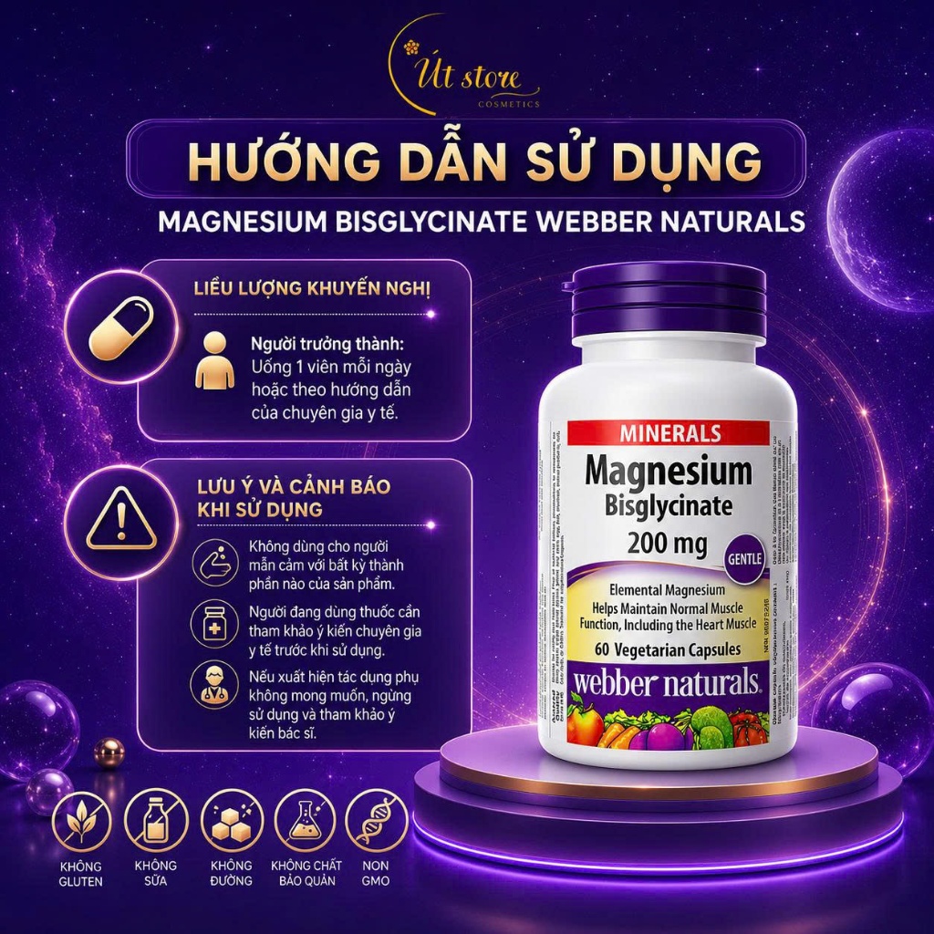 Viên Uống Bổ Sung Maggie Magnesium Bisglycinate Webber Naturals - 120 Viên, Giảm Nhức Mỏi Cơ, Cải Thiện Giấc Ngủ