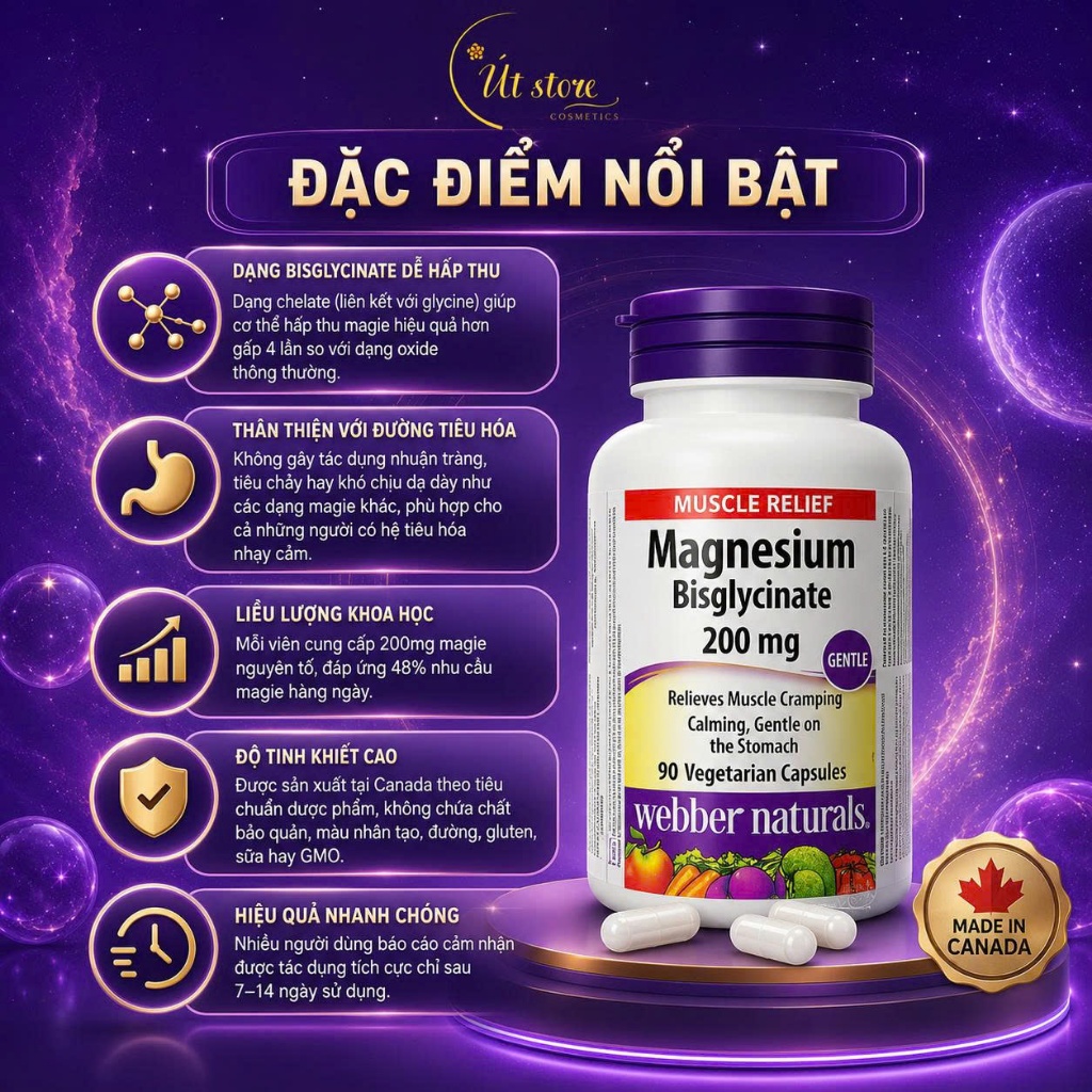 Viên Uống Bổ Sung Maggie Magnesium Bisglycinate Webber Naturals - 120 Viên, Giảm Nhức Mỏi Cơ, Cải Thiện Giấc Ngủ