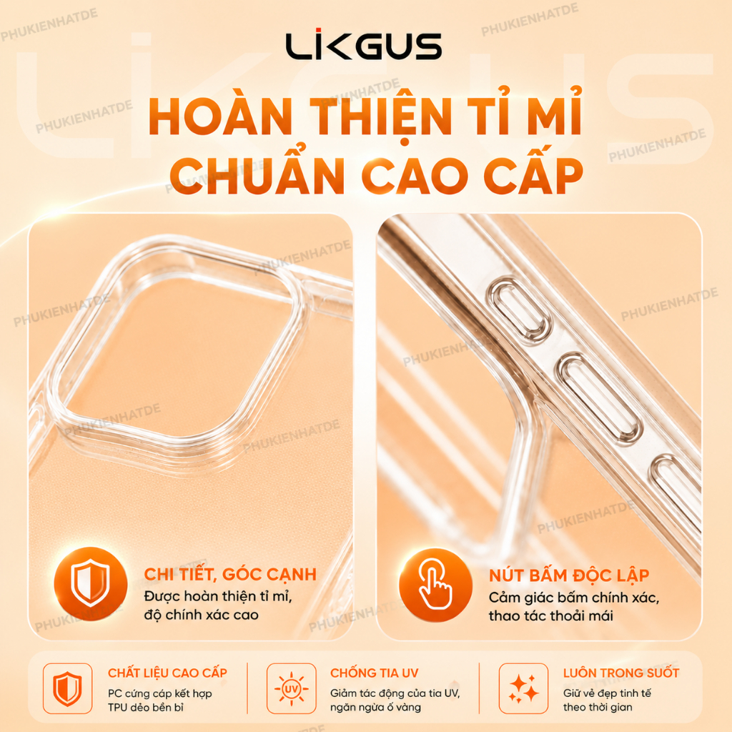 Ốp Lưng iphone Chính Hãng Likgus Trong Suốt Chống Ố Vàng Chống Xước Bảo Vệ Camera Chống Va Đập