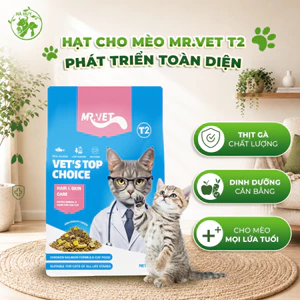 Hạt Cho Mèo MR.VET T2 1KG – Thức Ăn Mèo Giàu Protein, Bổ Sung Taurine, Hỗ Trợ Tiêu Hóa, Dễ Ăn