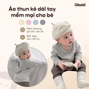 Áo Thun Dài Tay Vải Kẻ Trẻ Em Gắn Tag In Khủng Long Màu Thu Đông Cho Bé Trai Bé Gái Obebi A580