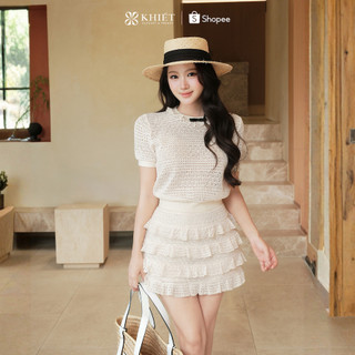 Set len thun Khiết Style màu kem phối chân váy tầng phong cách tiểu thư năng động KS573