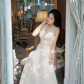 Đầm Khiết Ren Dài Cổ V Xẻ Chiết Eo Sang Trọng Quý Phái Nữ Tính KD596