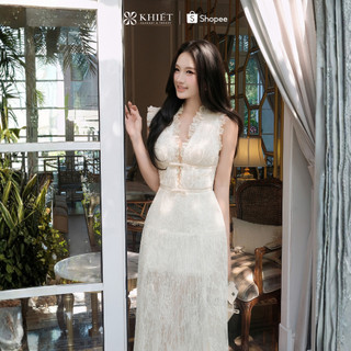 Đầm Khiết Ren Dài Cổ V Xẻ Chiết Eo Sang Trọng Quý Phái Nữ Tính KD596