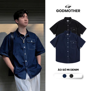 Áo Sơ Mi Denim GODMOTHER Áo Sơ Mi Form Rộng Nam Nữ Unisex Phong Cách Tối Giản Xuân Hè 2025