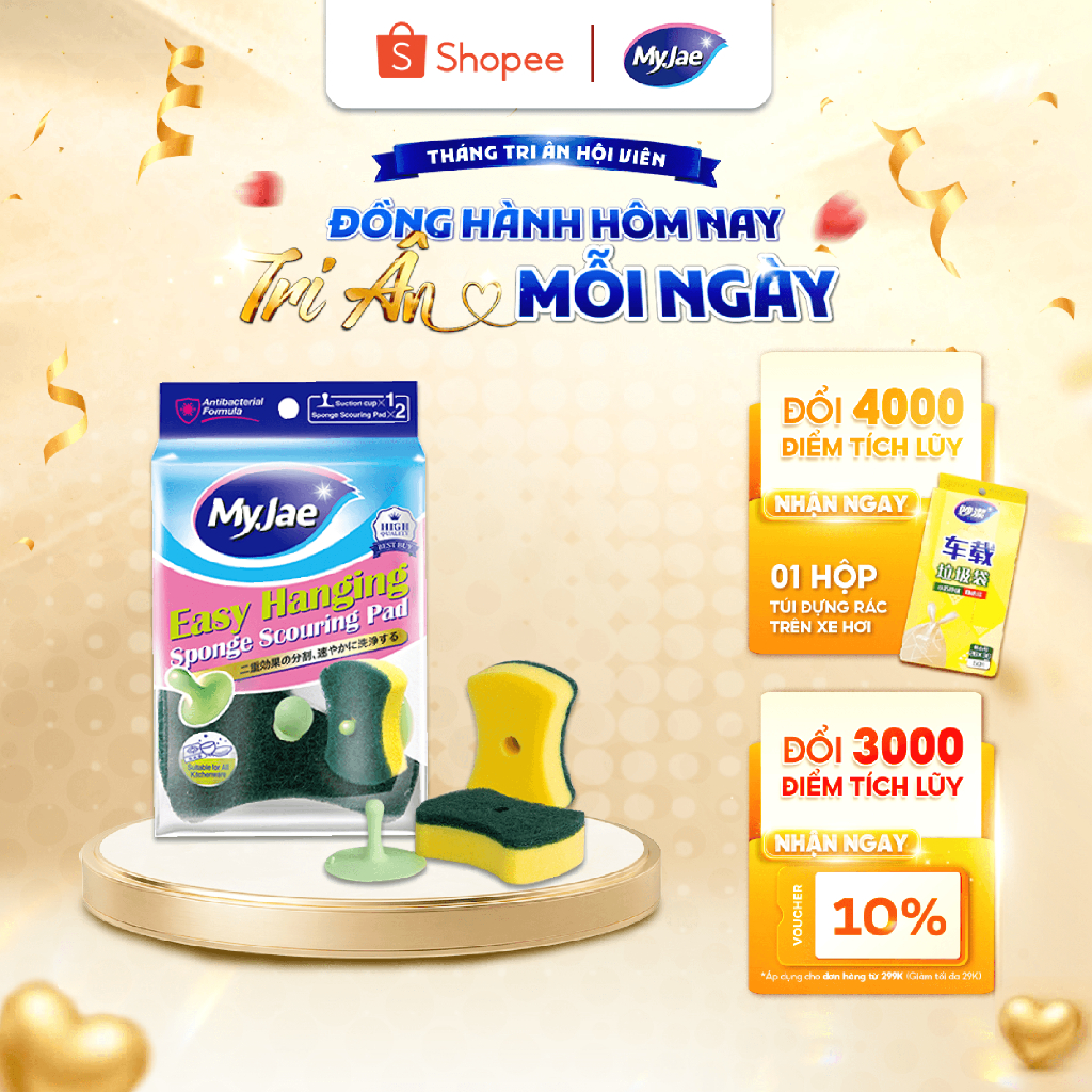Miếng bọt biển rửa chén MyJae 2 mặt, mút xốp rửa bát đa năng kèm miếng nhựa hít kê (2 miếng/gói)