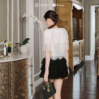 Set ren trắng phối chân váy tầng đen tiểu thư cổ điển sang chảnh nữ tính KS608