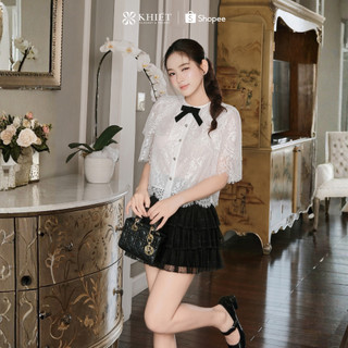 Set ren trắng phối chân váy tầng đen tiểu thư cổ điển sang chảnh nữ tính KS608