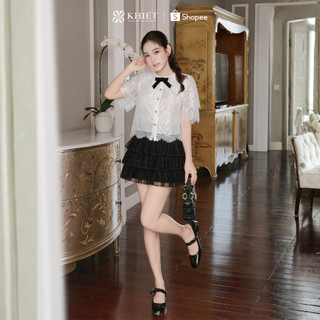 Set ren trắng phối chân váy tầng đen tiểu thư cổ điển sang chảnh nữ tính KS608