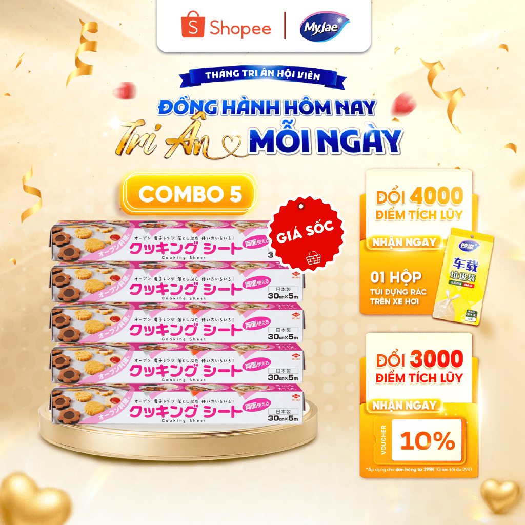 Combo 5 hộp MyJae giấy nến tiện lợi 5m phù hợp lót nồi chiên không dầu, nướng làm bánh