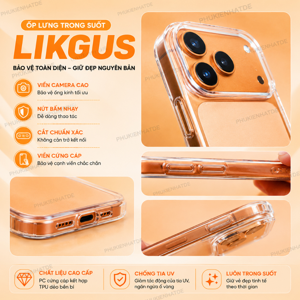 Ốp Lưng iphone Chính Hãng Likgus Trong Suốt Chống Ố Vàng Chống Xước Bảo Vệ Camera Chống Va Đập