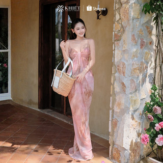 Đầm maxi tơ hồng loang mềm mại phối draping bay bổng nữ tính KD636