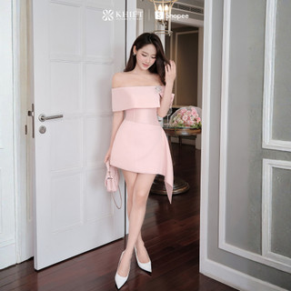 Đầm trễ vai Khiết Style hồng nhạt dáng xòe vạt chéo đính charm đá phong cách dự tiệc sang trọng KD614A