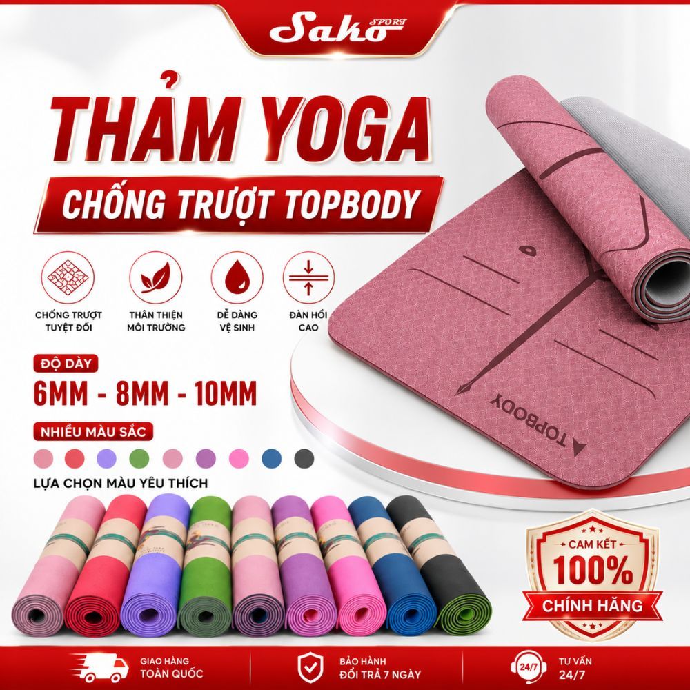 Thảm Yoga Tập Gym Định Tuyến 2 lớp 6-8-10 mm cao cấp, gấp gọn, du lịch tiện lợi TOPBODY