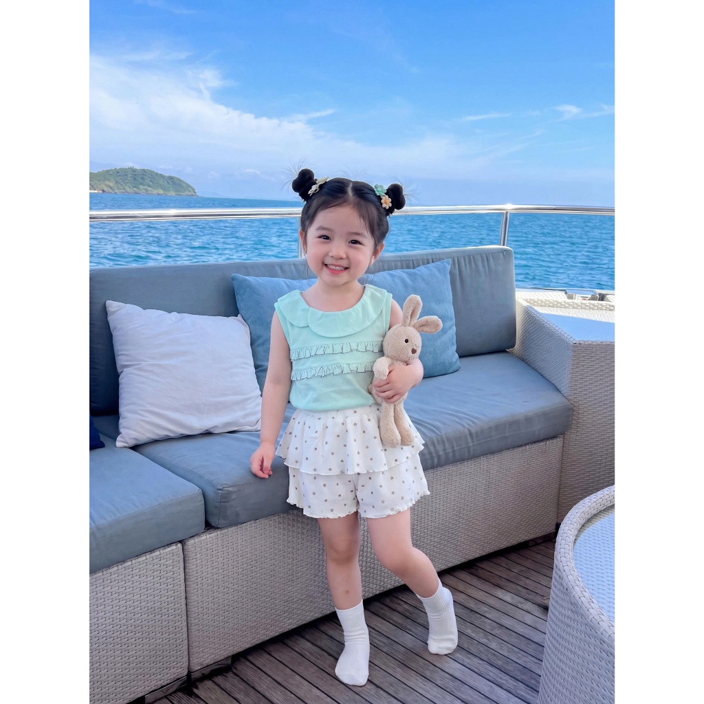 Set bộ cộc tay bé gái sát nách Miniumbaby bánh bèo dễ thương, chất vải cotton mềm nhẹ da bé SB2770