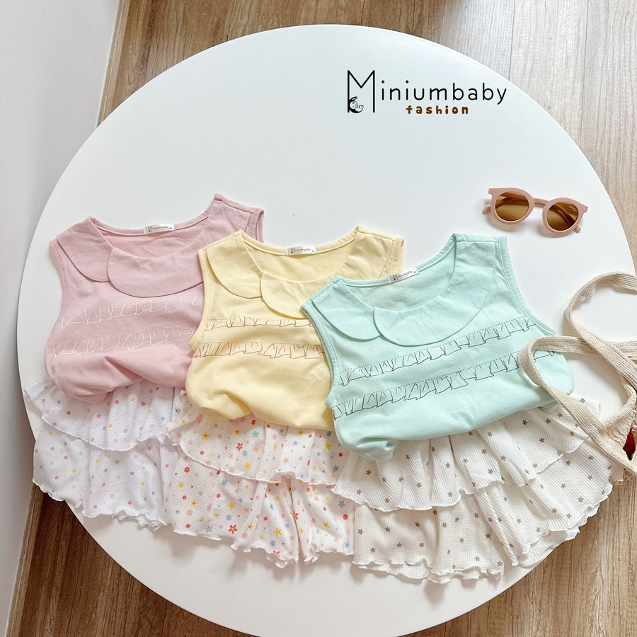 Set bộ cộc tay bé gái sát nách Miniumbaby bánh bèo dễ thương, chất vải cotton mềm nhẹ da bé SB2770