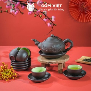 Bộ ấm chén tử sa đất nung dáng nhỡ đắp nổi, khắc chìm màu đỏ, đen dung tích 270ml - Gốm sứ Bát Tràng - Gốm Việt