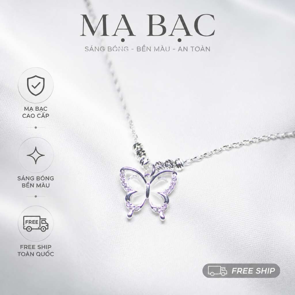 Dây Chuyền Bướm Mạ Bạc Celestial Wings Cao Cấp Nữ - Vòng Cổ Mặt Bướm Đính Xà Cừ Thanh Lịch Sang Trọng