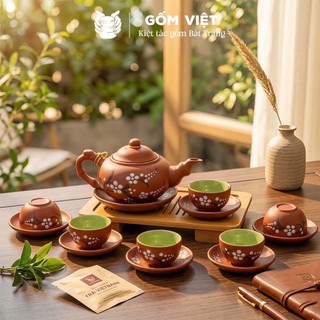 Bộ ấm chén tử sa đất nung dáng nhỡ đắp nổi, khắc chìm màu đỏ, đen dung tích 270ml - Gốm sứ Bát Tràng - Gốm Việt