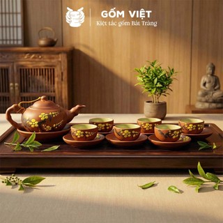 Bộ ấm chén tử sa đất nung dáng nhỡ đắp nổi, khắc chìm màu đỏ, đen dung tích 270ml - Gốm sứ Bát Tràng - Gốm Việt