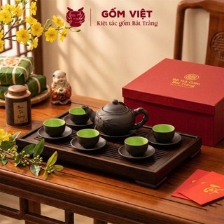 Bộ ấm chén tử sa đất nung dáng nhỡ đắp nổi, khắc chìm màu đỏ, đen dung tích 270ml - Gốm sứ Bát Tràng - Gốm Việt