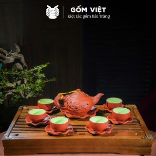 Bộ ấm chén tử sa đất nung dáng nhỡ đắp nổi, khắc chìm màu đỏ, đen dung tích 270ml - Gốm sứ Bát Tràng - Gốm Việt