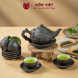 Bộ ấm chén tử sa đất nung dáng nhỡ đắp nổi, khắc chìm màu đỏ, đen dung tích 270ml - Gốm sứ Bát Tràng - Gốm Việt