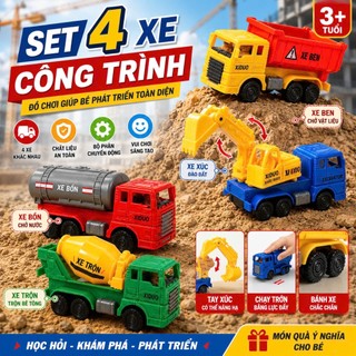 Set 4 chiếc xe công trình đồ chơi,xe bồn,xe cẩu,xe trộn,xe ben cho bé Toy xe  công thành