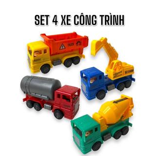 Set 4 chiếc xe công trình đồ chơi,xe bồn,xe cẩu,xe trộn,xe ben cho bé Toy xe  công thành
