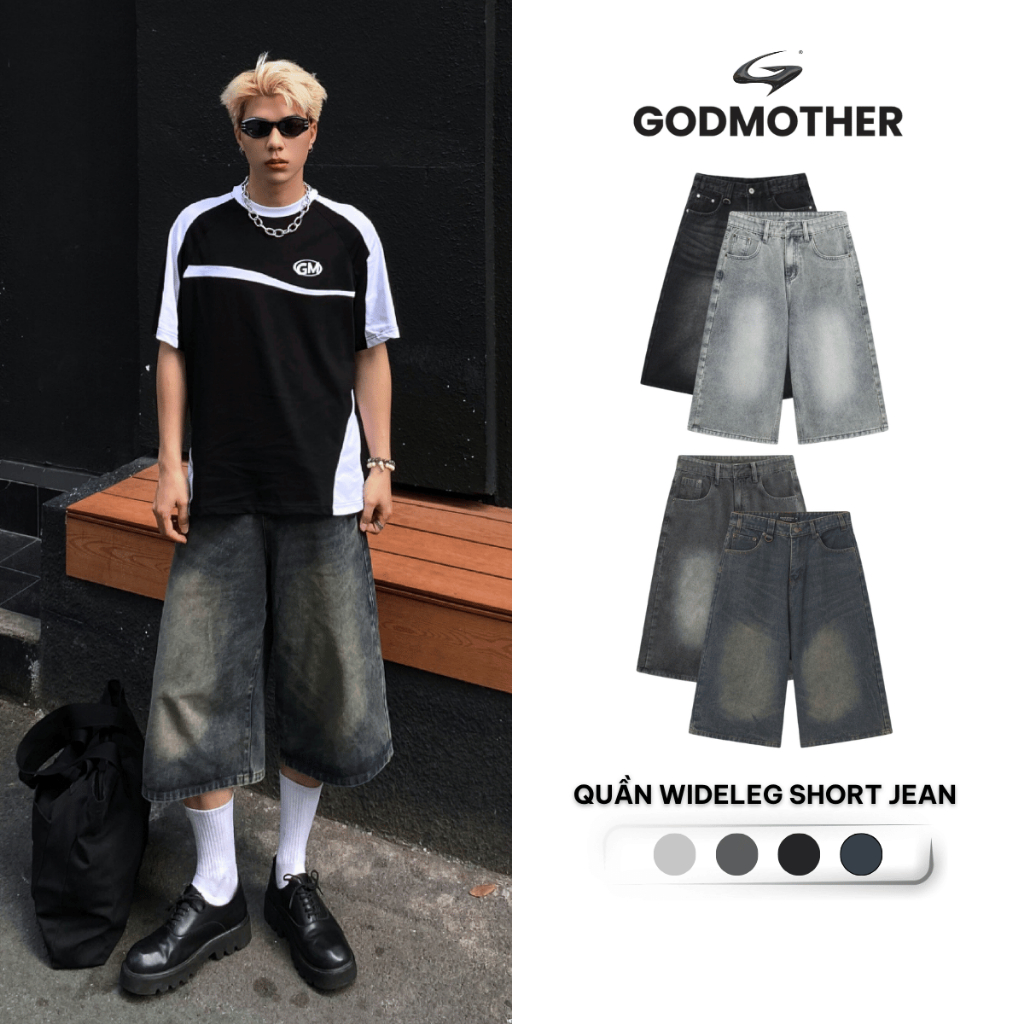 Quần Wide Leg Short Jeans GODMOTHER Nam Ống Rộng, Quần Jeans Short Lửng Phong Cách Cá Tính