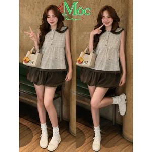 Set bộ đùi, Set thiết kế tiểu thư áo babydoll cộc tay cổ sen chất Đũi Sọc mix short bí bồng xinh