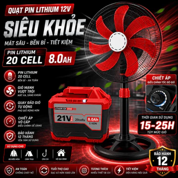 Quạt đứng tích điện pin Lithium 12V 20 Cell 8.0Ah chiết áp vô cấp gió mạnh bảo hành 12 tháng