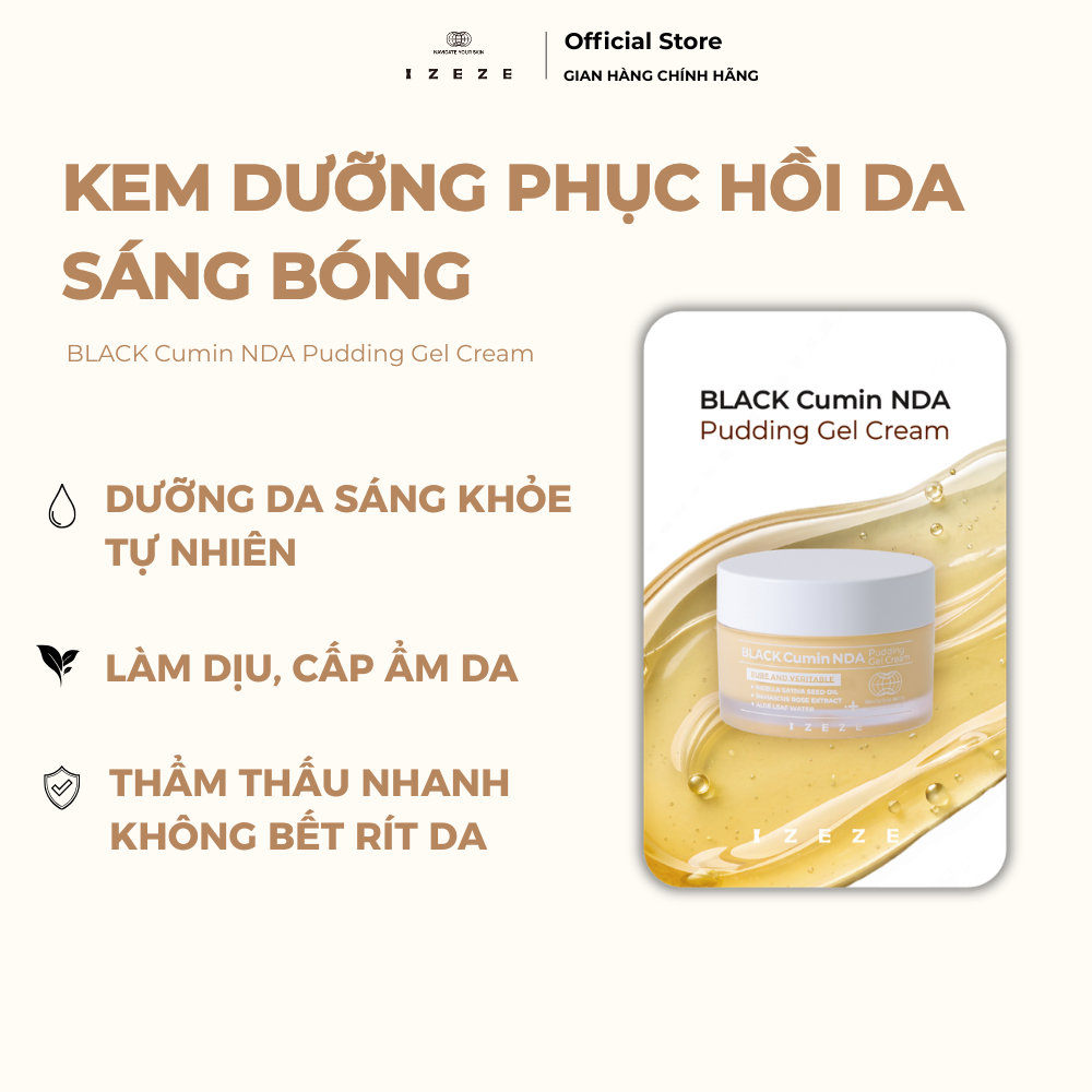 SET 3 GÓI SAMPLE | Kem Dưỡng Ẩm IZEZE BLACK Cumin NDA Pudding Gel Hỗ Trợ Cải Thiện Độ Ẩm Và Căng Bóng Da 2ml