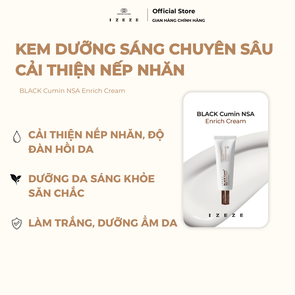 SET 3 GÓI SAMPLE | Kem Giảm Nếp Nhăn, Lão Hóa IZEZE BLACK Cumin NSA Enrich Cream Da Mềm Mịn, Căng Mướt 2ml